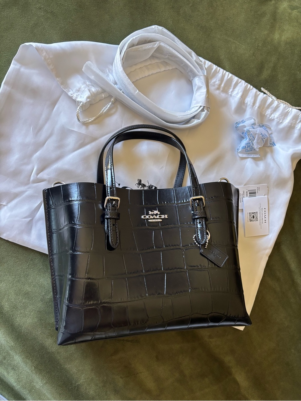 Coach Mollie 25 Croc-Embossed Patent Leather Tote in Black
